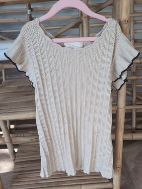 Sezane Ruffled Sleeve Beige Knit Top